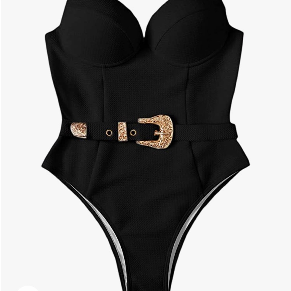 🎉New Sexy Push Up Underwire Solid Black Padded Buckle One Piece Swimsuit - Picture 6 of 7